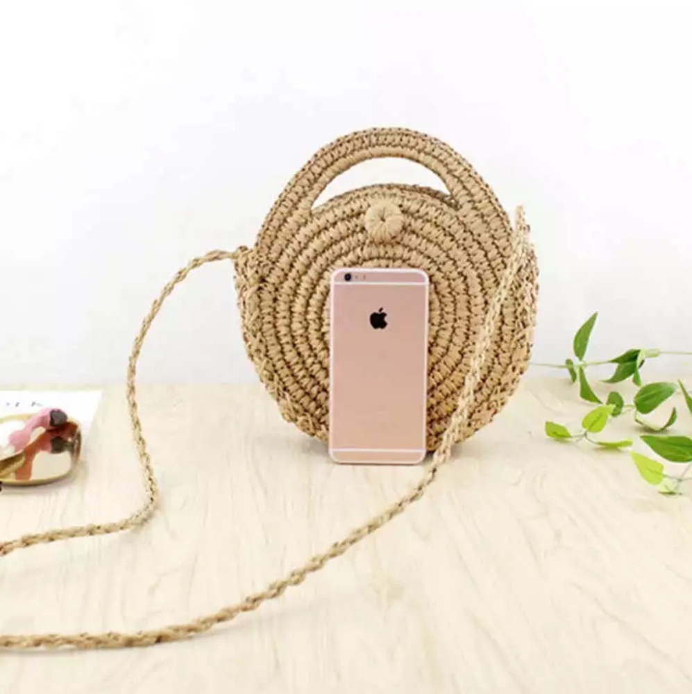 Hand Woven Rattan Straw Round Crossbody Bag - Picture 3 of 8